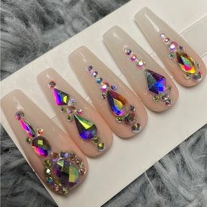 Long coffin press on nails rhinestones French tips nude ombré handmade custom